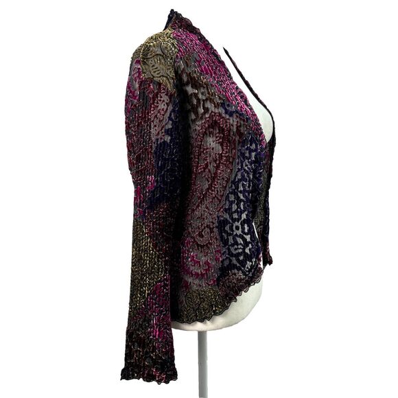 Women M Burnout Velvet Open Front Cardigan Lace Trim Fairy Goth Witchy Boho - Picture 4 of 8